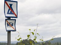 Geen tenten en caravans  Roadsigns no tents and no caravans, Torsby, Sweden : color, colour, countryside, forbid forbidden, lake water, no tent caravan, not allowed, rural, Europe European, Scandinavia Scandinavian, Sweden Swedish, vertical